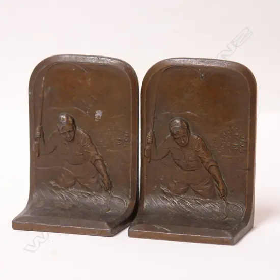 A pair of bronzed spelter heavy fishing themed bookends