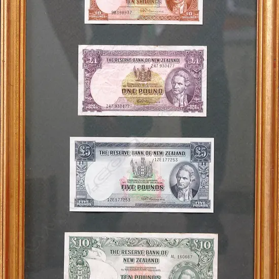 A set of four framed Reserve Bank of N.Z. Fleming banknotes