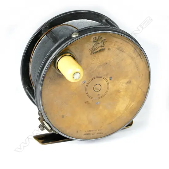 A rare Hardy's 4¼” 'Perfect' wide drum brass-faced reel
