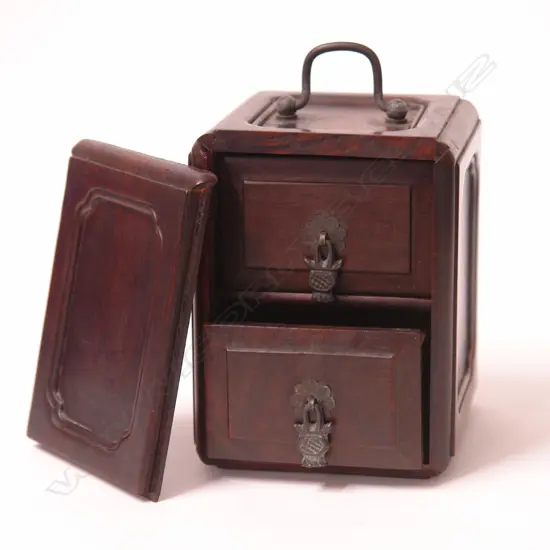 A Chinese zitan wood two drawer travelling box