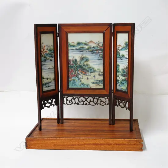 An old Chinese polychrome painted porcelain small three panel table screen