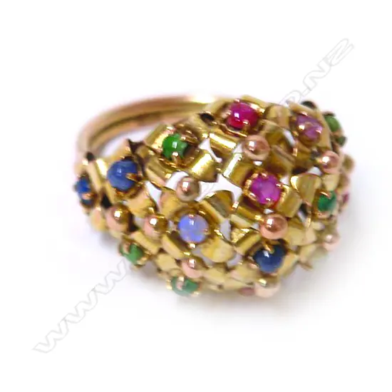 A vintage 14ct. yellow gold and multi-gemstone princess type ring
