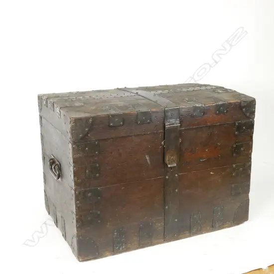 A 19thC oak and iron bound silver chest