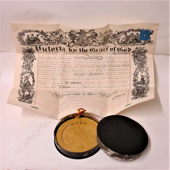 Sir George Morris O'Rorke's hand-written Royal Presentation Knight Bachelor Certificate with associated Queen's seal