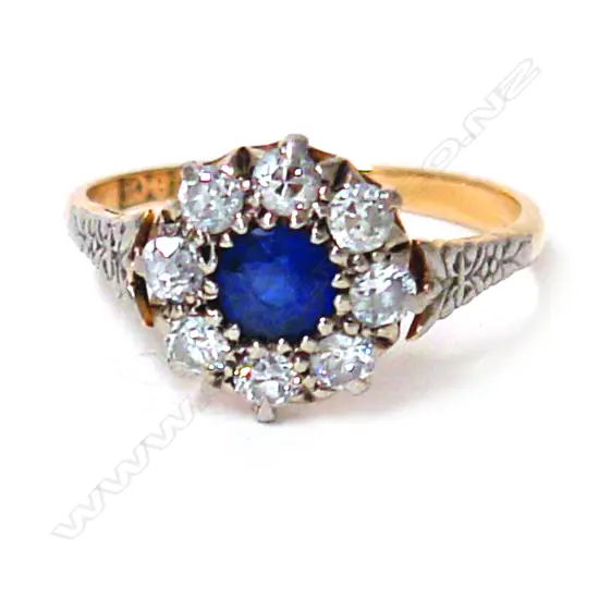 A lady's estate 18ct. yellow gold sapphire and diamond cluster ring