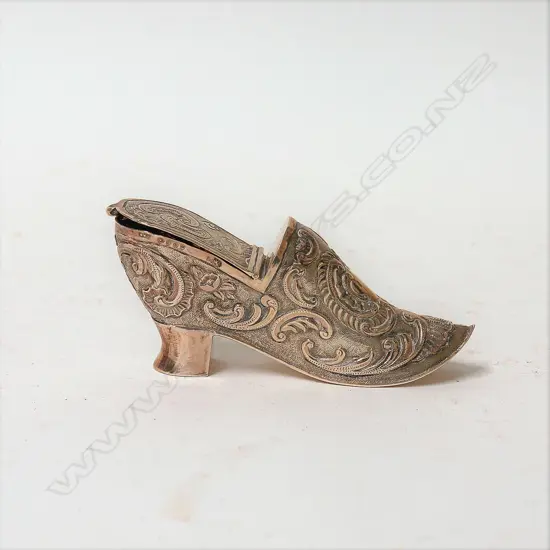 A late 19thC Dutch silver elegant shoe form snuff box