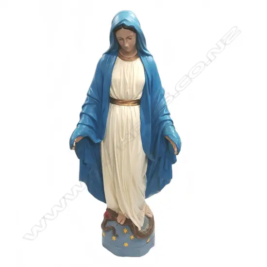 A concrete statue of Mary with polychrome painted decoration