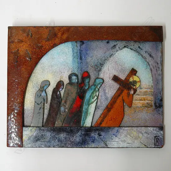 A vintage enamelled copper ecclesiastical themed artwork