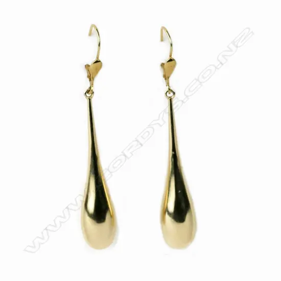 A pair of 15ct. yellow gold long drop earrings