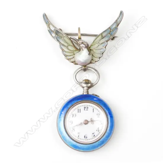 An early 20thC silver and enamelled highly decorative lady's fob watch on bird brooch suspension