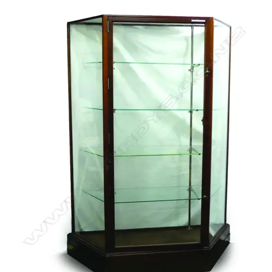 A tall glazed shop display cabinet with mahogany frame