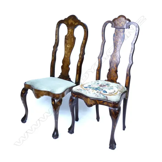 Two old Dutch marquetry side chairs