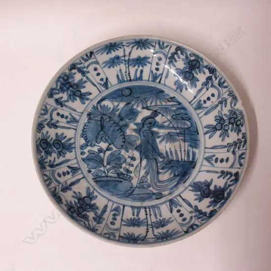 An old Chinese large blue and white shallow bowl
