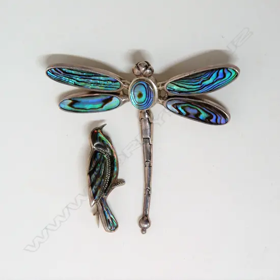 Two vintage New Zealand silver and paua brooches