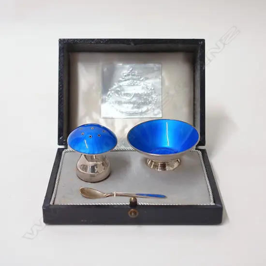 A vintage ELLA Danish silver and blue guilloche enamel salt cellar spoon and pepper shaker