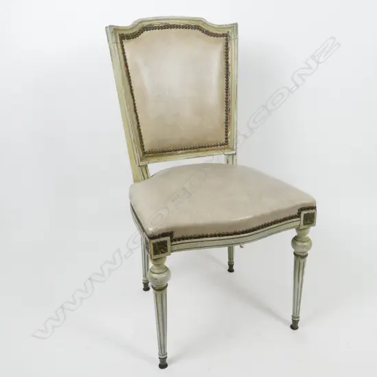 A set of six vintage French dining chairs of Louis XVI style with cream/green paint finish