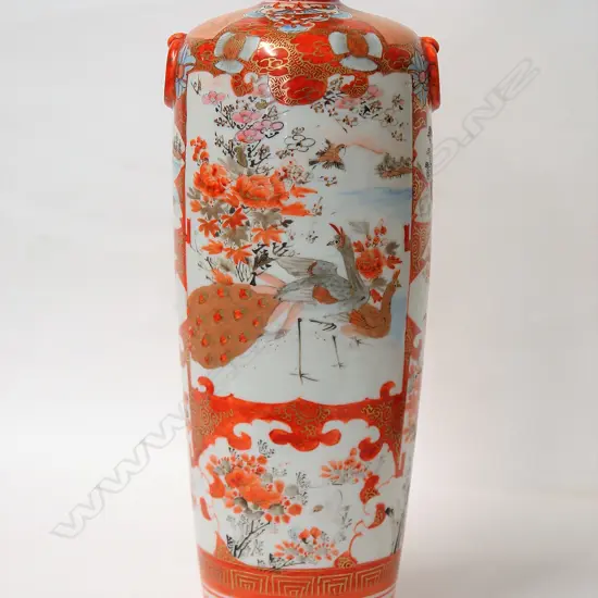 A late 19thC Japanese Kutani tall cylinder vase