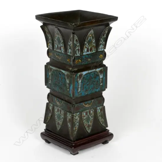 A Chinese bronze and champlevé enamel gu-form vase