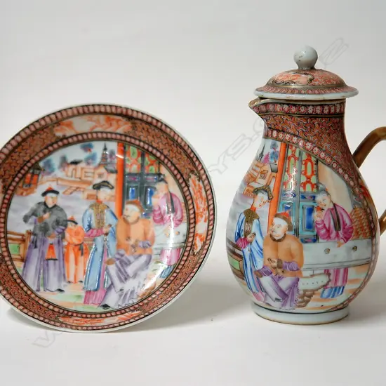 A late 18th/early 19thC Chinese famille rose lidded sparrow beak jug and saucer