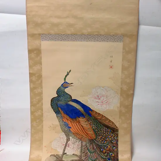 An Oriental silk peacock painted scroll
