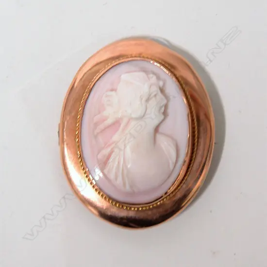 A c.1900 9ct. rose gold framed pink and white shell portrait cameo brooch