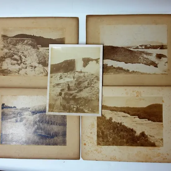 Five vintage 19thC New Zealand photographs including the Pink and White Terraces