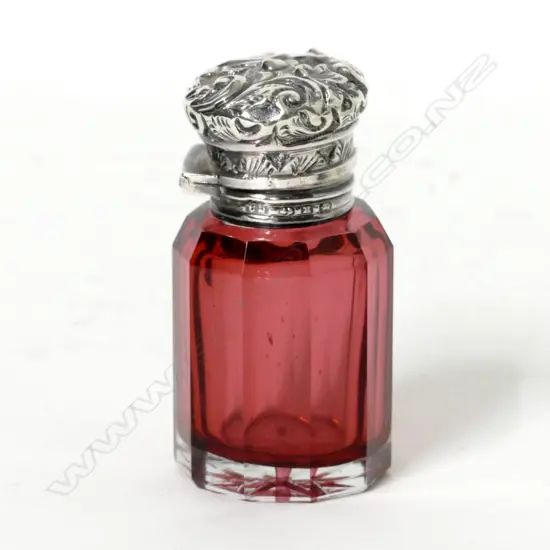 A late Victorian period Cranberry glass scent bottle