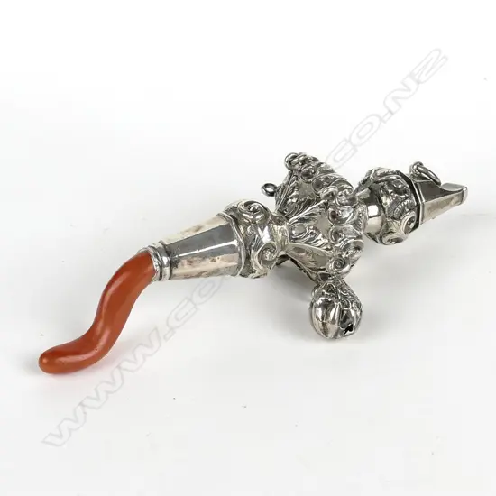 A Victorian silver and coral baby's rattle