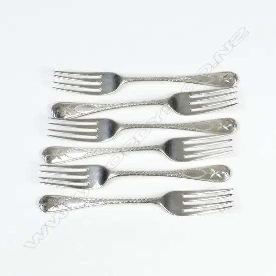 Six George III silver bright cut dessert forks