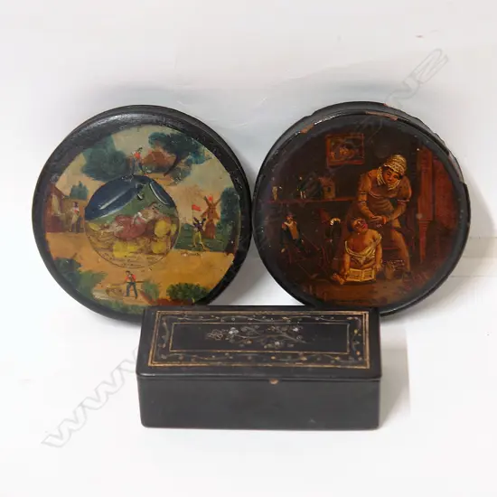 Three early 19thC black lacquer and papier-mâché snuff boxes