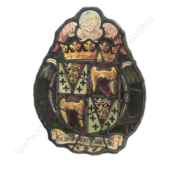 A stained glass window panel with the coat-of-arms of the Duke of Somerset