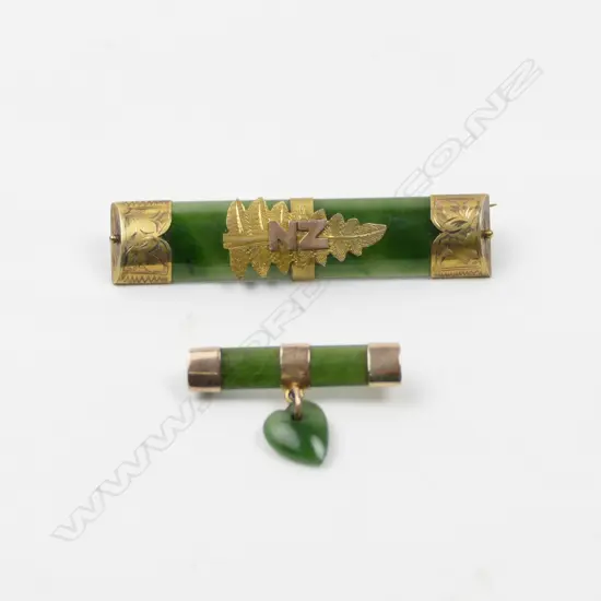 Two colonial gold and pounamu brooches