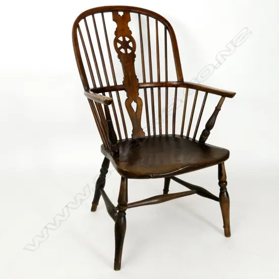 A 19thC ash and elm Windsor stick-back armchair