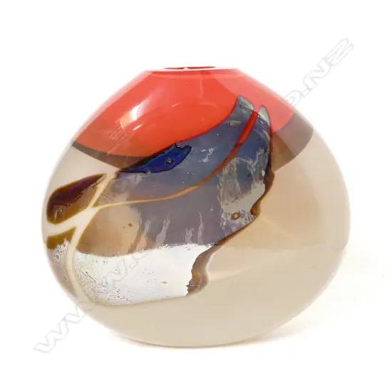 A John Croucher 'Red Wind' flattened circular glass vase