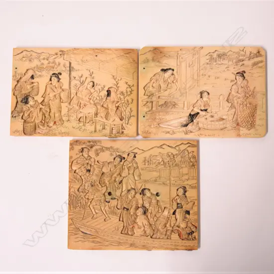 Three 19thC Japanese finely carved ivory panels