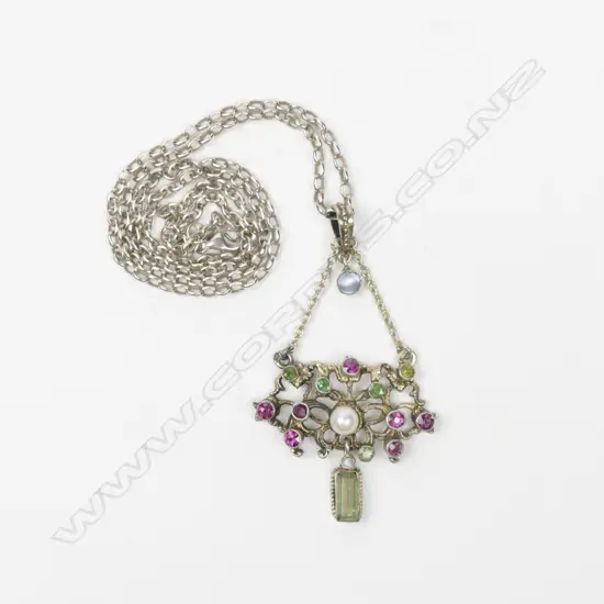 A vintage European jewelled silver pendant on modern silver chain