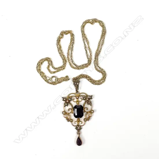 A Victorian 9ct. gold amethyst and pearl pendant