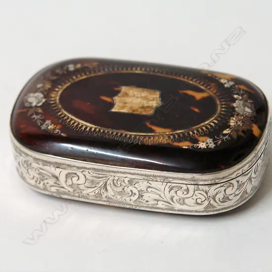 A 19thC tortoiseshell silver and inlaid snuff box