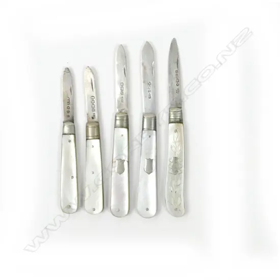 A collection of five mother-of-pearl and silver folding fruit knives