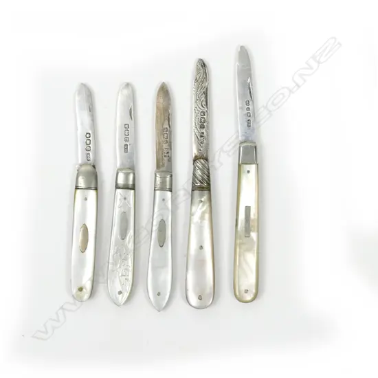 A collection of five mother-of-pearl and silver folding fruit knives