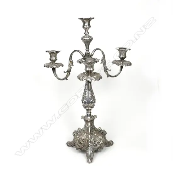 A James Dixon & Sons silver plated three-branch candelabra