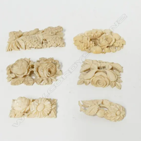 Six finely detailed late 19thC carved ivory brooches/plaques of floral form