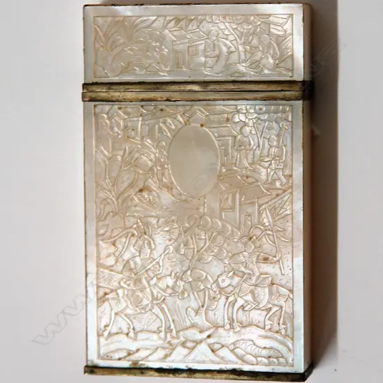A 19thC Chinese silver and mother-of-pearl covered card case