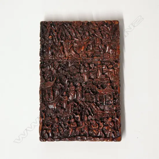 A 19thC finely carved wood Chinese card case