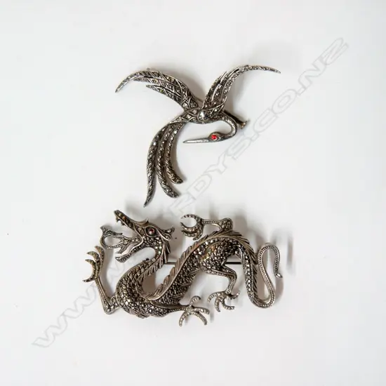 Two vintage silver and marcasite decorative brooches