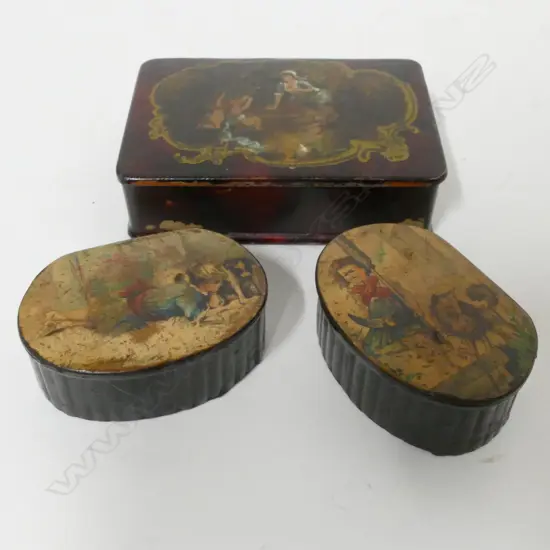Three 19thC papier maché snuff boxes