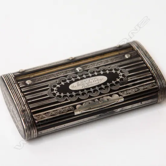 A Victorian horn and fancy silver inlaid snuff box