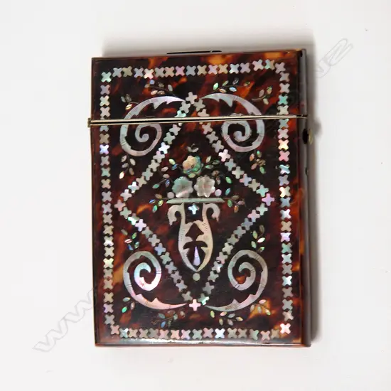 A 19thC tortoiseshell ornately inlaid card case