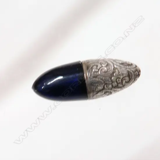 A late Victorian silver and Bristol blue glass egg form scent bottle