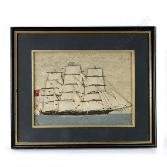 A 19thC sailor's woolwork picture of a British sailing ship